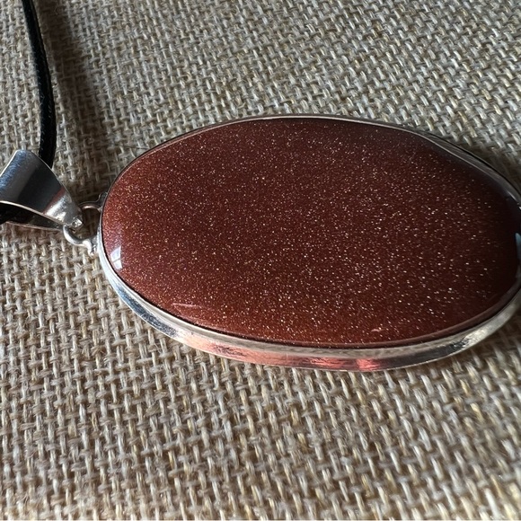 New Sandstone Goldstone Oval Silver Overlay Pendant Necklace w Cord - Picture 4 of 9